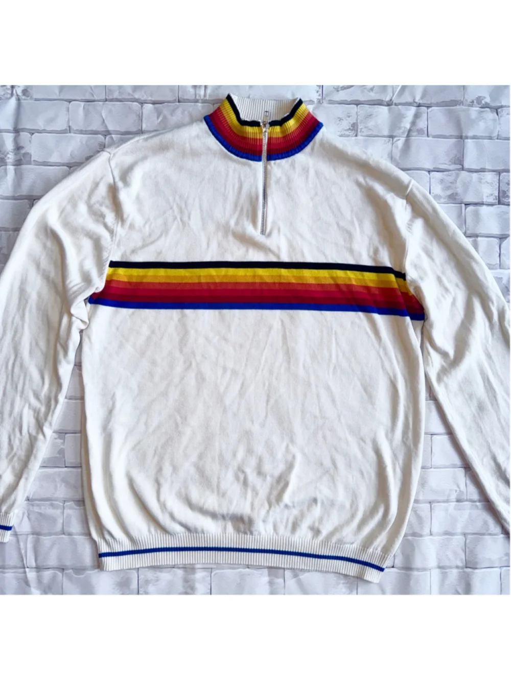 EUC Unisex 3XL Run & Fly Cotton Knitted Sweater Rainbow Stripe Quarter Zip Pride